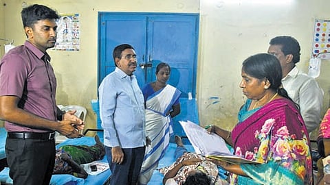 MA&UD Minister P Narayana visits diarrhoea-affected people at a medical camp in New RR Pet of Vijayawada, on Saturday.