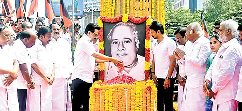 Chief Minister MK Stalin garlanding the statue of CN Annadurai on his 117th birth anniversary in Chennai on Monday 