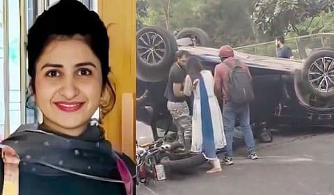The accused Gaganpreet Makkar (L); the overturned BMW car right after the accident.