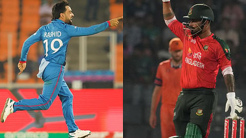 Afghanistan Captain Rashid Khan (L) and his Bangladesh counterpart Litton Das