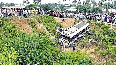 A file photo of the 2018 accident, in which a bus fell in the gorge in Kondagattu.