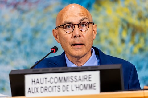 U.N. High Commissioner for Human Rights Volker Türk addresses attendees on the activities of his Office and recent human rights developments around the globe, during the 60th session of the Human Rights Council, at the European headquarters of the United Nations in Geneva, Switzerland, Monday, Sept. 8, 2025.