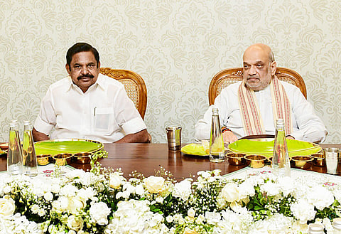 In this photo from April 11, 2025, Union Home Minister Amit Shah dines with AIADMK General Secretary Edappadi K. Palaniswami in Chennai.