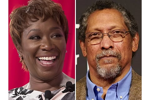 Joy Reid speaks during the during the TIME 100 Summit, April 23, 2019, in New York, left, and Percival Everett appears at the Booker Prize award dinner in London, Tuesday, Nov. 12, 2024. 