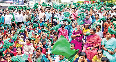 Farmers protest against land acquisition in Bidadi, Byramangala, and Kanchugaranahalli on Tuesday