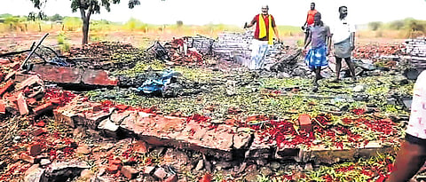 The debris at the cracker manufacturing unit in Kangarseval near Sattur where an explosion took place on Wednesday morning.