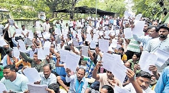 Farmers staging protest in Bargarh district on Tuesday.