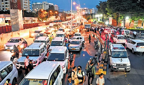 Heavy traffic at Outer Ring Road due heavy rain in Bengaluru.