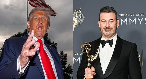 A collage of US President Donald Trump (L) and late-night talk show host Jimmy Kimmel (R).