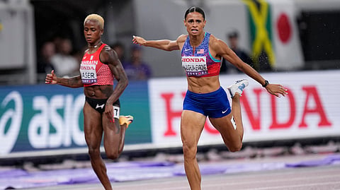 United States' Sydney McLaughlin-Levrone reacts after winning gold medal in the women's 400 meters final at the World Athletics Championships in Tokyo, Thursday, Sept. 18, 2025. 