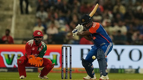 India's Sanju Samson plays a shot during the Asia Cup cricket match between India and Oman at Zayed Cricket Stadium in Abu Dhabi, United Arab Emirates, Friday, Sept. 19, 2025.