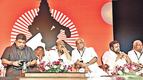 Tamil Nadu IT Minister Palanivel Thiaga Rajan, SNDP Yogam general secretary Vellappally Natesan, NSS vice-president M Sangeeth Kumar, thantri Kandararu Mohanaru, and Gokulam Group head Gokulam Gopalan attending the Global Ayyappa Sangamam at Pampa