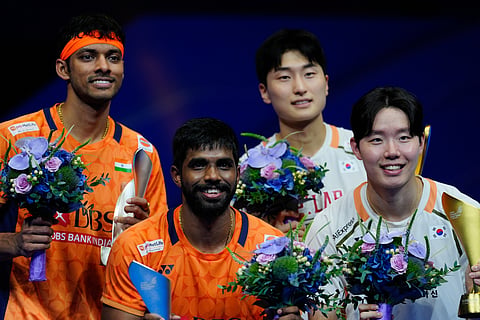 Satwiksairaj Rankireddy and Chirag Shetty during the medal ceremony on Sunday