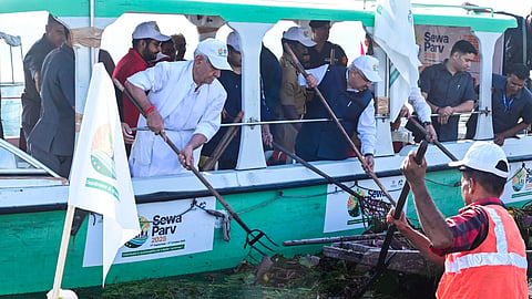 Jammu and Kashmir Lieutenant Governor Manoj Sinha takes part in 'Dal Lake Cleanliness Drive' as part of 'Sewa Parv'. 