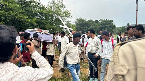 Funeral procession of George Tirkey at Jhunmur village on Sunday.
