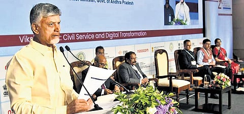 CM N Chandrababu Naidu speaking at the 28th National Conference on e-Governance in Visakhapatnam on Monday.
