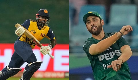 Sri Lanka's captain Charith Asalanka (L) and his Pakistan counterpart Salman Ali Agha