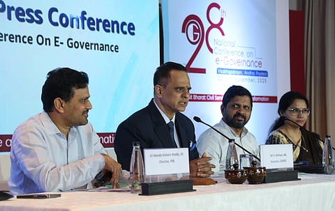 Department of Administrative Reforms and Public Grievances secretary V. Srinivas addressing a curtain raiser press conference for 28th National Conference on e-Governance in Visakhapatnam on Sunday.