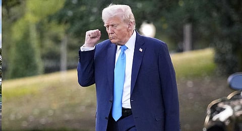 President Donald Trump walks across the South Lawn of the White House to board Marine One en route to Joint Base Andrews, Md., Monday, Sept. 22, 2025, in Washington. 
