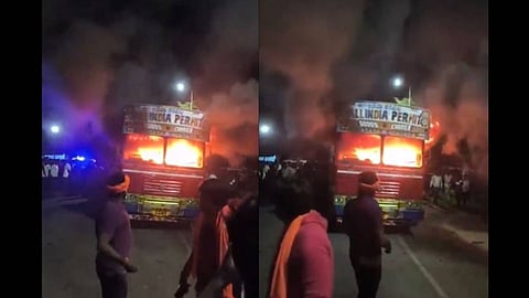 The truck was stopped near Sri Siddeshwar temple on Ugar Road and set on fire by locals who were enraged by the discovery.