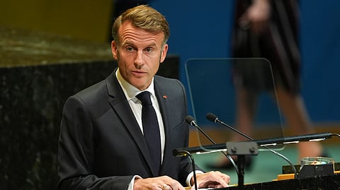 French President Emmanuel Macron speaks during a high-profile meeting at the United Nations aimed at galvanizing support for a two-state solution to the Israeli-Palestinian conflict Monday, Sept. 22, 2025, at UN headquarters.