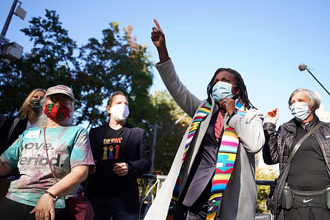  The Rev. Jacqui Lewis, senior pastor at Middle Collegiate Church, speaks during an interfaith gathering outside of the Judson Memorial Church near Washington Square Park in New York, Nov. 4, 2020. 
