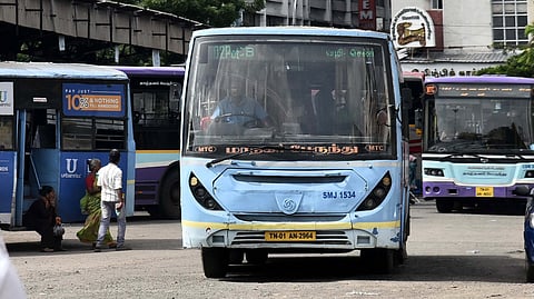 An MTC bus comes out of Broadway Bus stand in Chennai 