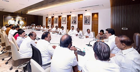 Chief Minister MK Stalin chairing a meeting with DMK MPs at Anna Arivalayam in Chennai on Tuesday. 