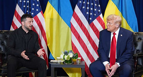 President Donald Trump meets with Ukrainian President Volodymyr Zelenskyy during the United Nations General Assembly, Tuesday, Sept. 23, 2025, in New York. 