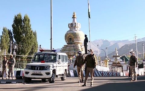 Security personnel patrol as the curfew imposed after the protest over the statehood demand and the inclusion of Ladakh under the Sixth Schedule, in Leh on Thursday.