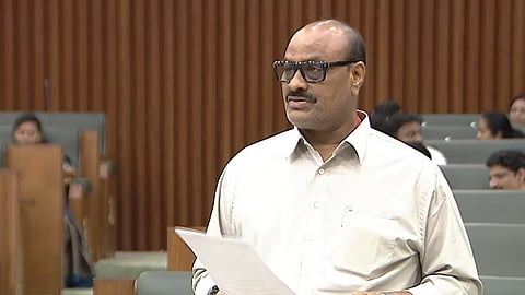 Minister Kinjarapu Atchannaidu during the assembly session on Wednesday. 