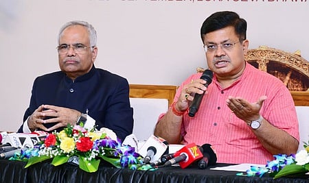 Law Minister Prithiviraj Harichandan and Advocate General Pitambar Acharya addressing a media conference.