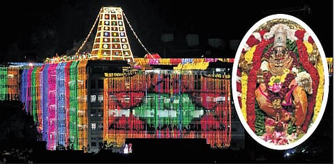Mallikharjuna Mahamandapam dazzles in colourful lights.