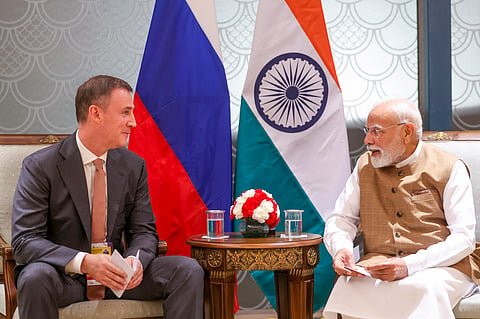Prime Minister Narendra Modi with Russia Deputy Prime Minister Dmitry Patrushev during a meeting, in New Delhi, Sept. 25, 2025.