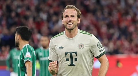 Bayern Munich's Harry Kane celebrates scoring a penalty during the German first division Bundesliga football match between Bayern Munich and Werder Bremen in Munich on Spetember 26, 2025. 