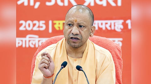 Uttar Pradesh Chief Minister Yogi Adityanath addresses a press conference in Lucknow.