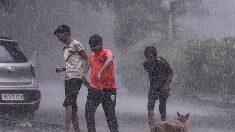 Nagpur: Children walk past a stray dog during rain, in Nagpur, Maharashtra, Saturday, Sept. 20, 2025.