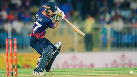 Nepal skipper Rohit Paudel plays a shot.