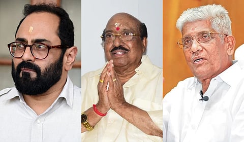 State BJP president Rajeev Chandrasekhar (L), SNDP Yogam general secretary Vellappally Natesan, and NSS General Secretary Sukumaran Nair.