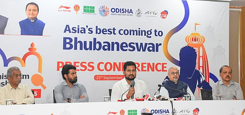 Odisha's sports minister Suryabanshi Suraj speaking at an press conference launching the Asian Table Tennis Team Championships on Sunday