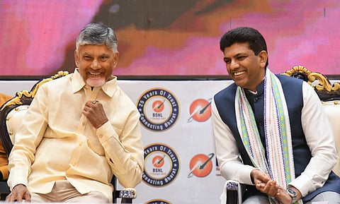 CM Nara Chandrababu Naidu, Union Minister P Chandrasekhar during the launch of Swadeshi 4G network virtually by PM Narendra Modi, in Vijayawada.