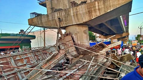 A portion of an under-construction bridge collapsed in Nalanda district in Bihar on Sunday, Sept. 29, 2025.