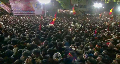 Overcrowded rally of Tamilaga Vettri Kazhagam chief and actor Vijay, in Karur district, Tamil Nadu, Saturday, Sept. 27, 2025. At least 10 persons, including children, were feared dead in stampede-like situation at the rally, according to officials. 