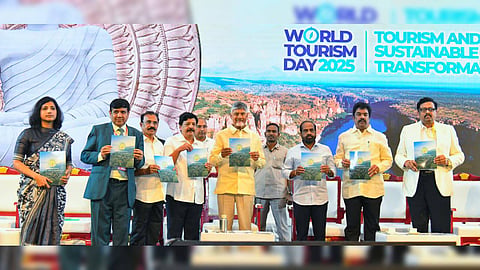 CM Nara Chandrababu Naidu and other dignitaries releasing the Tourism Policy Operational Guidelines along with a poster in Vijayawada on Saturday.