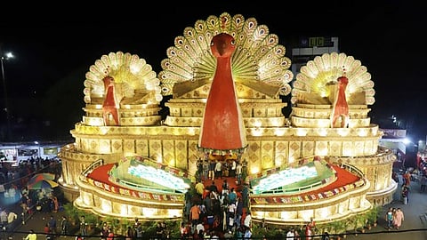 Bomikhal durga puja pandal all deck up during Durga puja in Bhubaneswar on Sunday.