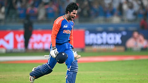 Tilak Verma celebrates after India's five-wicket win over Pakistan on Sunday