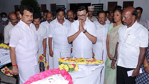 Tamil Nadu Chief Minister MK Stalin pays tribute to mortal remains of one of the victims, who died after a stampede at actor-politician Vijay's rally on Saturday, at the Government Hospital, in Karur district, Tamil Nadu, early Sunday, Sept. 28, 2025. 