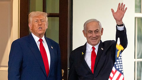 President Donald Trump, left, speaks as Israel's Prime Minister Benjamin Netanyahu waves upon leaving the West Wing of the White House, April 7, 2025, in Washington. 