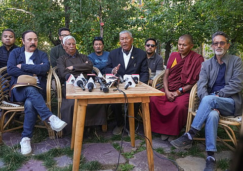 Leh Apex Body (LAB) co-chairman Chering Dorjay (centre) with other members addresses a press conference, in Leh, Ladakh, Monday, Sept. 29, 2025. 