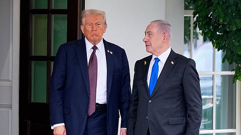 US President Donald Trump greets Israeli Prime Minister Benjamin Netanyahu at the West Wing of the White House, Monday, Sept. 29, 2025, in Washington.